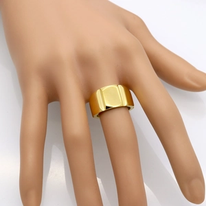 Minimalist wide gold stainless steel ring with geometric groove design for modern style