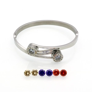 Roman numeral bangle with interchangeable colorful crystals and polished steel finish