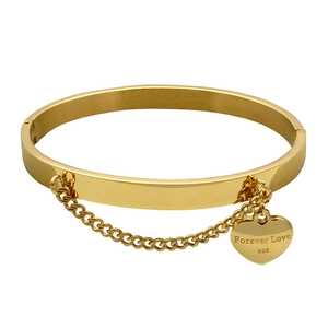 Stainless Steel Bangle With Heart Pendant Forever Love Engraved Chain Detail Western Style Bracelet For Women