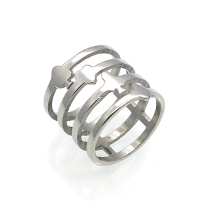 Detailed view of silver titanium steel ring featuring four layered bands and poker motifs