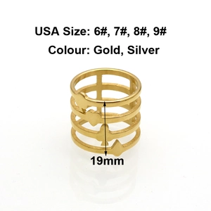 Stacked gold stainless steel ring with poker card suits and size scale 6 to 9