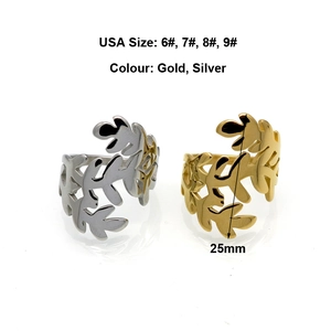 Minimalist branch and leaf stainless steel open ring in gold and silver finishes