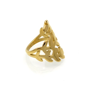 Detailed view of gold-plated stainless steel ring with hollow olive leaf design