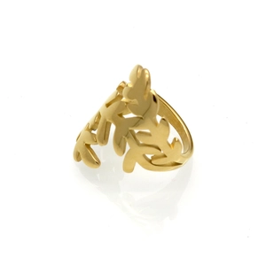 Detailed view of golden stainless steel open ring featuring a leaf and branch cutout design