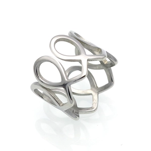 Close-up of geometric hollow interlocking silver steel ring with mirror finish