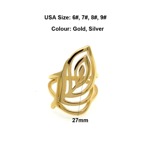 Bague minimalist en acier inoxydable doré au design de feuille évidée, hauteur 27mm