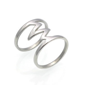 Detailed view of silver titanium steel double ring featuring a heartbeat wave design