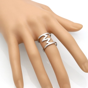 Minimalist double-layer silver stainless steel ring with geometric lightning bolt design