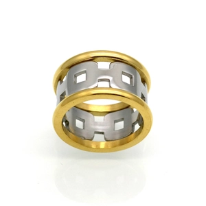 Fashionable two-tone square hollow chain ring with gold and silver steel geometric design