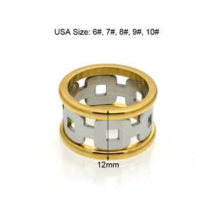 Two-tone geometric hollow stainless steel ring with 12mm width in gold and silver