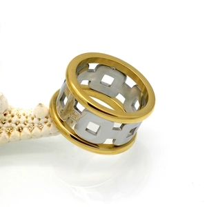 Modern two-tone hollow geometric H pattern ring made of gold and silver stainless steel