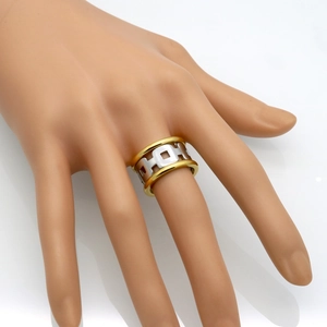 Modern two-tone hollow geometric H-shaped titanium steel ring in gold and silver finish