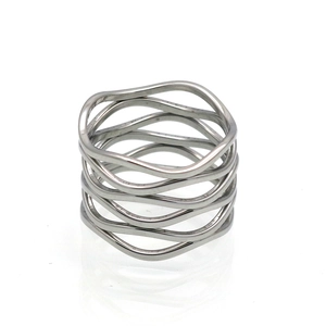 Macro shot of silver wave geometric multi-layered hollow stainless steel ring structure
