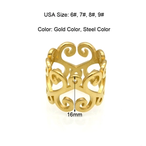 Gold stainless steel hollow heart pattern ring with 16mm width on white background