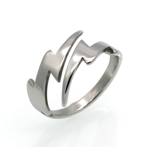 Detail view of silver lightning bolt adjustable open ring with polished metal finish