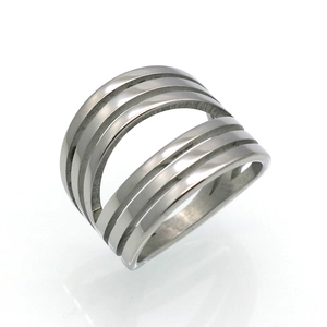 Detailed macro view of wide metallic ring featuring six-layer grooves and rectangular cutout