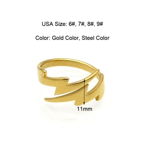 Minimalist lightning bolt open ring in gold finish, featuring adjustable double layer design