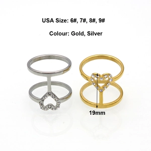 Minimalist double layer heart shaped ring in gold and silver with sparkling rhinestones
