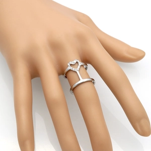 Elegant silver double-layer heart ring with cubic zirconia stones on a mannequin hand