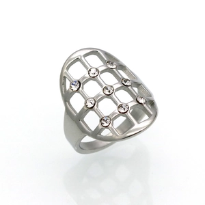 Macro detail of silver hollow shield ring with nine inset clear sparkling rhinestones