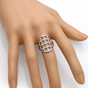 Silver shield hollow mesh ring with sparkling rhinestones in minimalist titanium steel