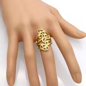 Bohemian gold scrollwork open ring featuring hollow shield patterns in vintage style