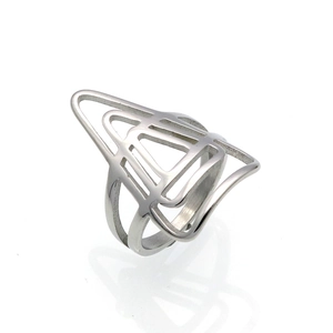Macro shot of silver titanium ring with hollow geometric triangle patterns on white background