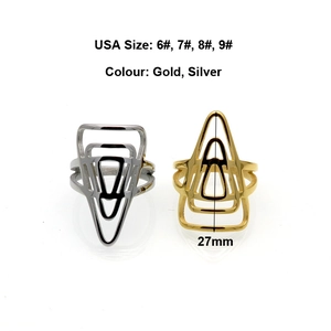 Minimalist geometric triangle rings in gold and silver steel with 27mm height