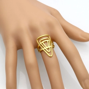 Minimalist gold triangle geometric ring displayed on a model hand with matte finish