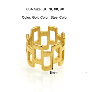 Golden hollow geometric rectangular stainless steel ring with 16mm band height
