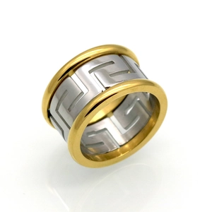 Greek Meander Motif Band Ring 316L Stainless Steel Two Tone Gold Silver Hollow High Polished Unisex Jewelry