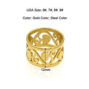 Classic 12mm hollow vine forest pattern gold stainless steel ring with size options
