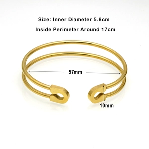 Gold stainless steel double layer open bangle with pin buckle and size measurements