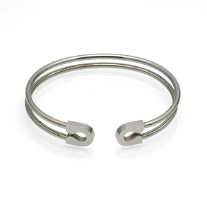 Polished stainless steel double line cuff bracelet with horseshoe design ends