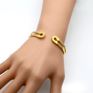 Golden stainless steel safety pin cuff bracelet with unique double wire open design