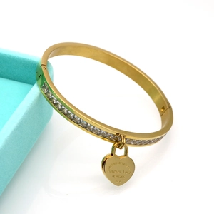 Gold stainless steel heart padlock bangle with cubic zirconia and Forever Love engraving