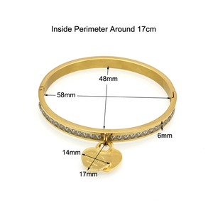 Gold stainless steel Forever Love heart bangle with sparkling zircon stones and dimensions