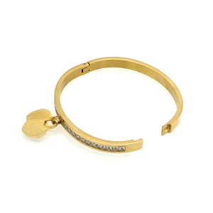 Detail of gold heart charms engraved with Forever Love on a zircon studded bangle
