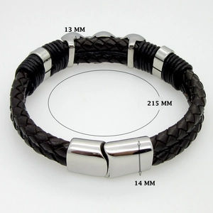 Detail view of woven leather bracelet with polished steel studs and magnetic clasp dimensions