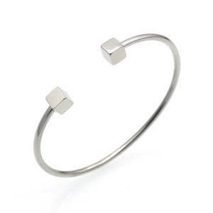 Minimalist silver stainless steel open C-cuff bracelet with two polished cubic ends