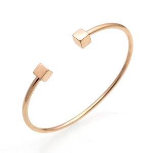 Minimalist 18k rose gold plated stainless steel open bangle with cube charms
