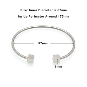 Silver stainless steel open bangle with 6mm cube ends and 57mm inner diameter