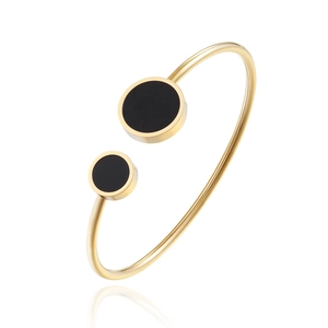 Women Stainless Steel Cuff Bracelet Geometric Open Adjustable Bangle With Shell Enamel Circles Minimalist Jewelry