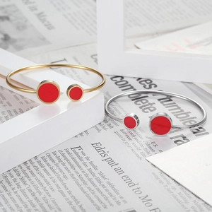 Gold and silver stainless steel open bangles with elegant red circular shell inlay