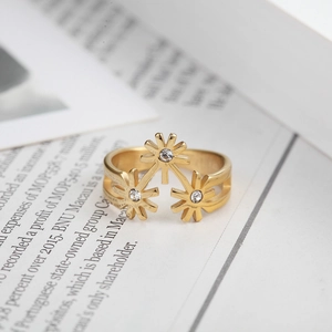 Gold plated stainless steel open ring with three sparkling zircon sunburst motifs