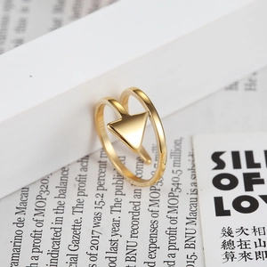 Minimalist double-layered gold arrow ring in stainless steel with open adjustable band