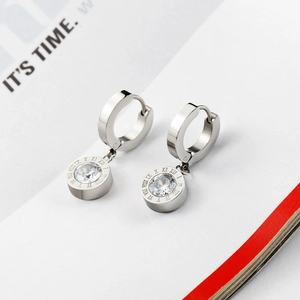 Rose gold stainless steel hoop earrings with Roman numeral charm and clear zircon stone
