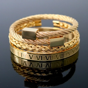 Stainless Steel Roman Numeral Woven Cable Crown Cuff Bracelets For Men Punk Vintage Jewelry Accessories