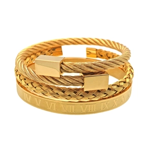 Three-piece gold stainless steel cuff bracelet set with Roman numerals and cable texture