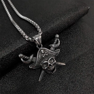 Pirate Skull Pendant Necklace Stainless Steel Cross Scimitars Gothic Punk Vintage Jewelry For Men Women Box Chain